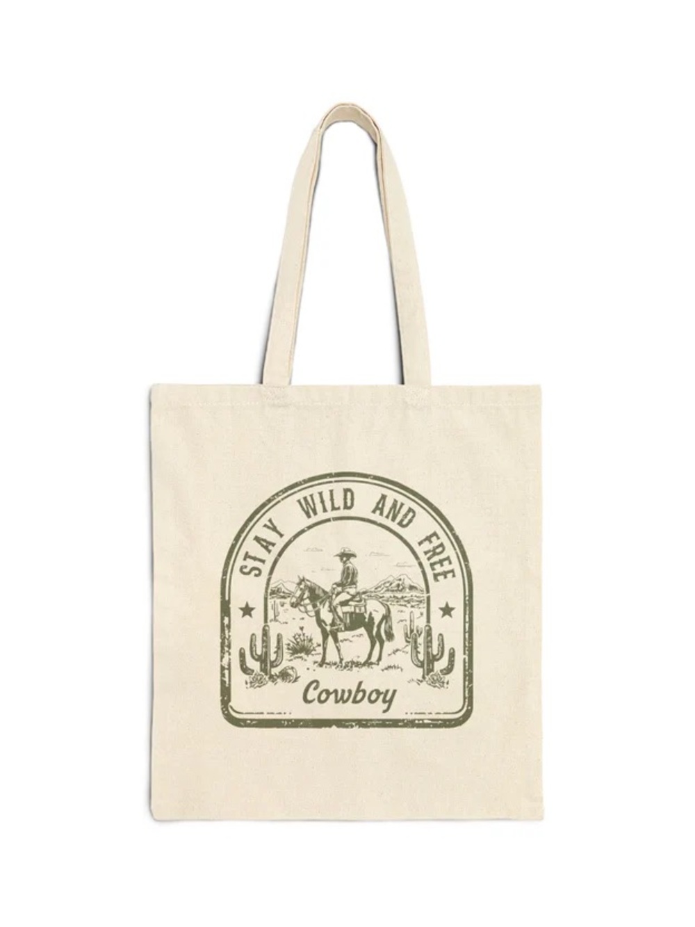 Stay Wild and Free Cowboy Canvas Tote - Cream with Olive Graphic